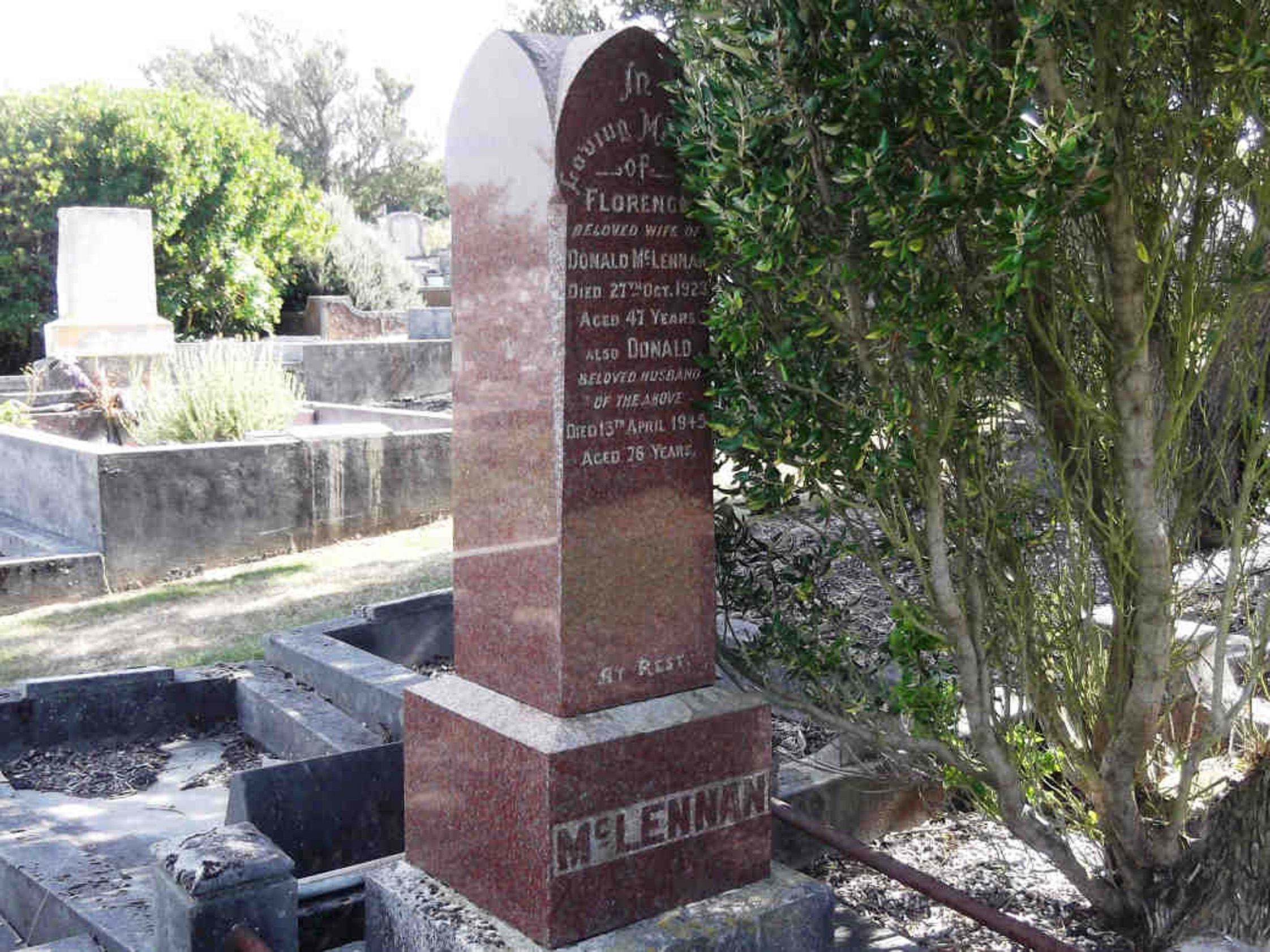 Photo of headstones/Donald McLennan d 1945 hdstn Andersons Bay Dunedin
